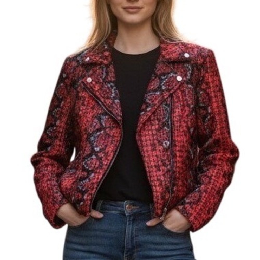 Rino & Pelle Moto Jacket Womens 40 Red Berry Snake New Faux Leather Biker Coat
